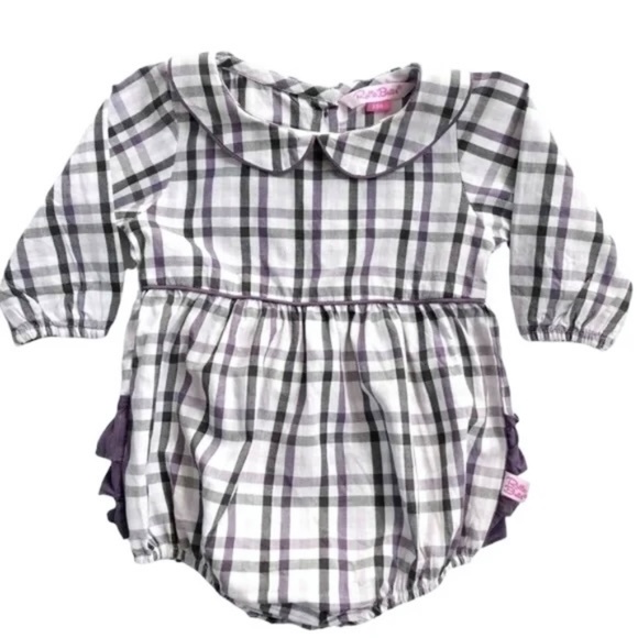Ruffle Butts Kingsley Purple & Gray Plaid Bubble Romper & Knee Socks Girls  3-6 - Picture 2 of 5